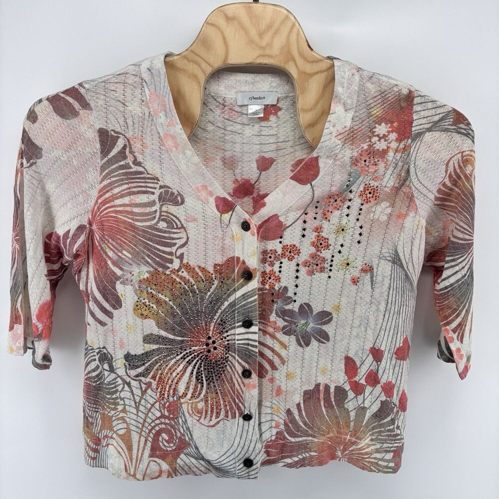 CJ Banks Women's X 14W Floral Embellished Button Front Top Cardigan